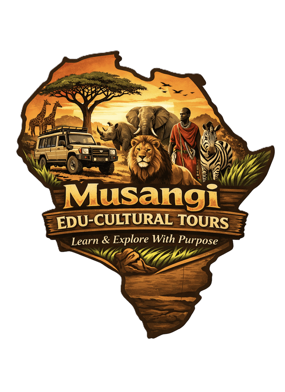 Logo of Musangi Edu-Cultural Tours in the shape of Africa with wildlife and cultural elements.